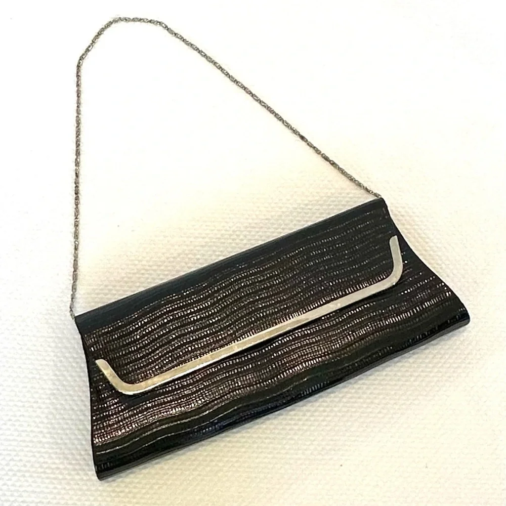 Vintage Retro Envelope Black‎ Y2K East West Textured Patent Clutch Shoulder Bag